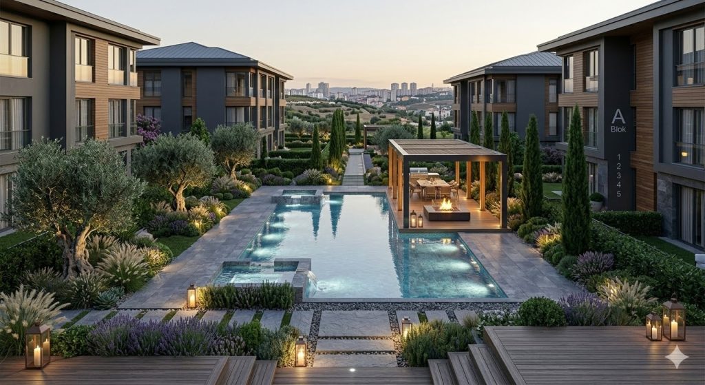 Konut bahçesinde lineer havuz, ahşap deck ve pergola altı oturma alanı
