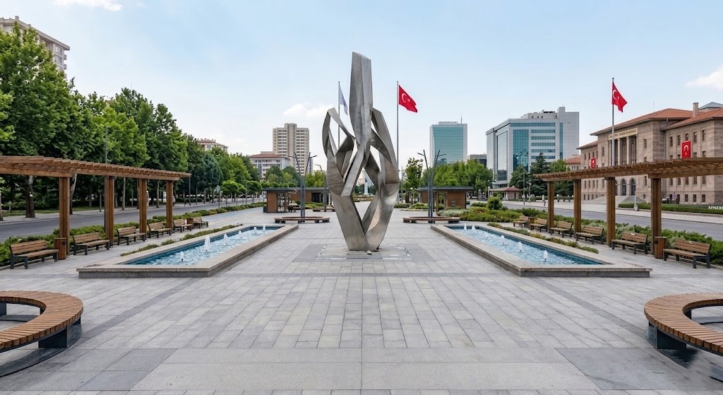 Kent meydanında heykel, su kanalları ve ahşap oturma elemanlarıyla peyzaj tasarımı (3)