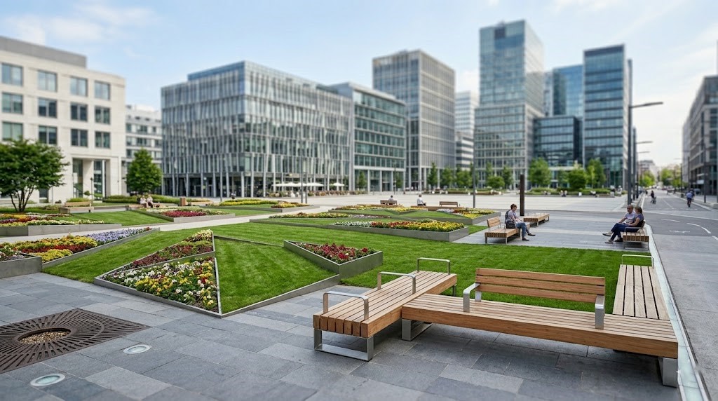 Kentsel peyzaj tasarımı ve modern park mobilyaları detayı