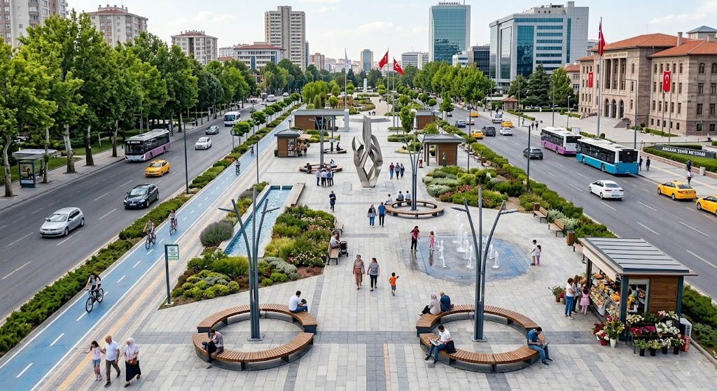 Kent meydanında heykel, su kanalları ve ahşap oturma elemanlarıyla peyzaj tasarımı