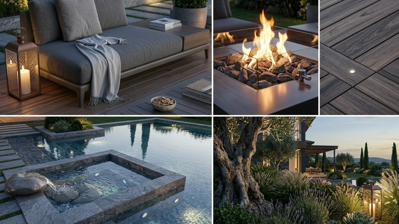Modern villa bahçesinde ateş çukuru, deck teras ve havuz kenarı oturma alanı (2)