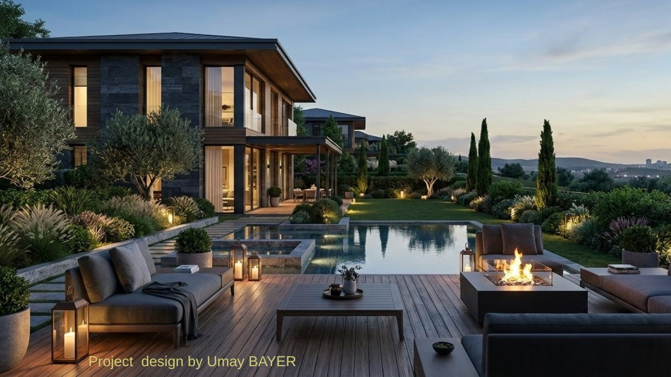 Villa bahçesinde ateş çukuru ve deck teras