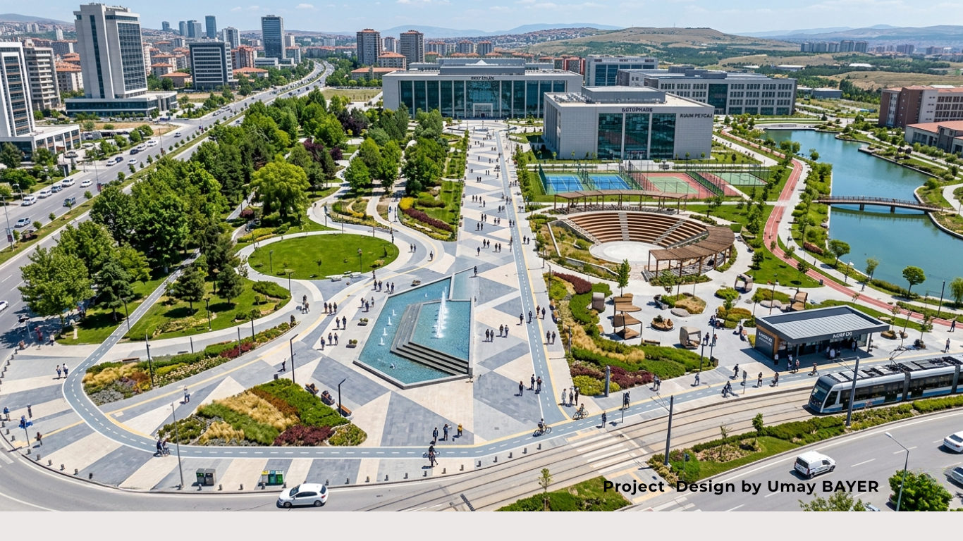 Kent parkında yürüyüş yolu, spor sahası ve çocuk oyun alanı peyzaj tasarımı (2)