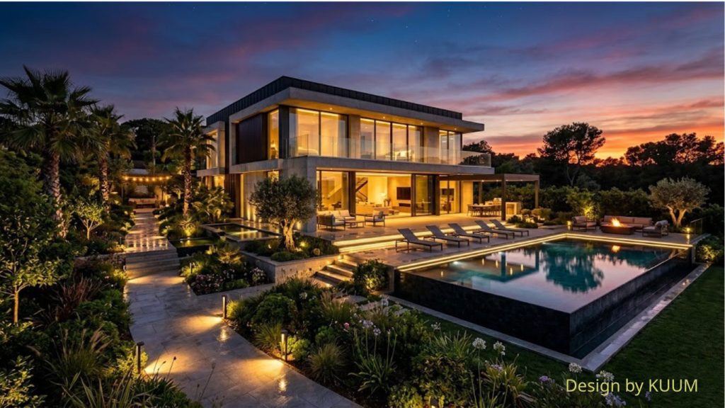Modern villa bahçesinde doğal taş yürüyüş yolu ve aydınlatma